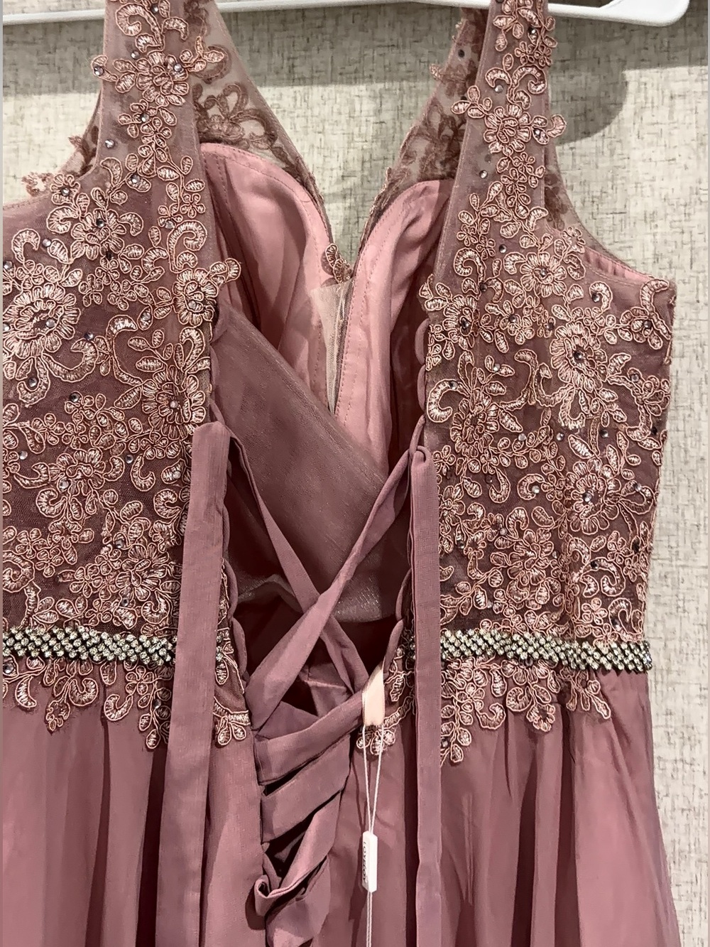 Lace Appliqué Mauve Formal Dress with Beaded Waist